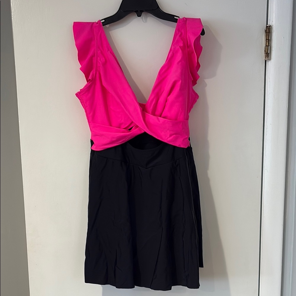 Pink and Black Women's bathing suit one piece with built in dress skirt